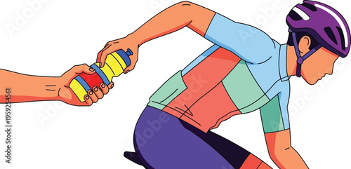 An outstretched hand passes a colorful hydration bottle to a cyclist wearing a purple helmet during a ride.