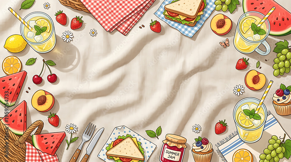 Naklejka premium Idyllic Summer Picnic Spread with Fresh Fruits, Lemonade, and Sandwiches on a White Blanket