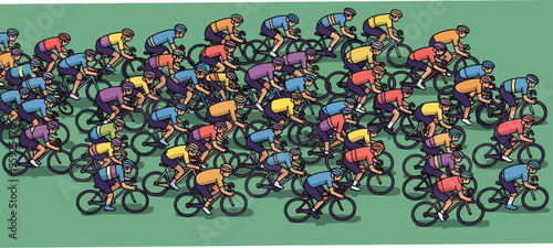 A large peloton of cyclists wearing brightly colored jerseys races together across a green field in a stylized illustration.