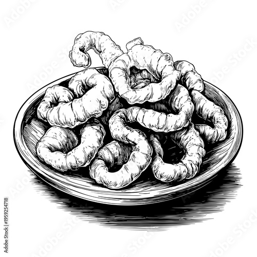 Crispy fried pork rinds, a traditional savory snack, hand-drawn vintage style illustration for adobe stock collection featuring classic Asian street food