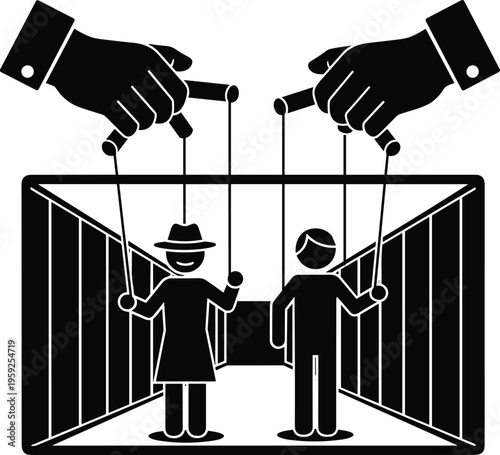 Puppeteer control concept silhouettes hands manipulating people marionette strings social control influence manipulation isolated on white background illustration design
