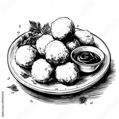 Authentic hand-drawn illustration of savory round Filipino appetizers served with a flavorful dipping sauce, perfect for diverse culinary adobe stock projects