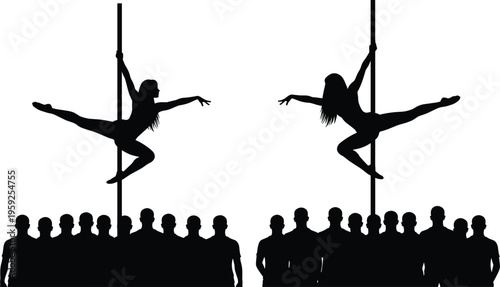 Silhouette pole dancers performing acrobatic moves on stage with audience crowd background, nightclub entertainment fitness performance concept illustration isolated design