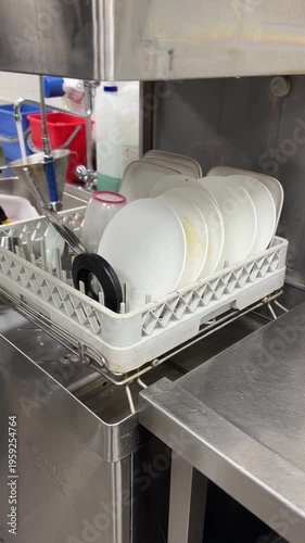 Worker loading plates into industrial dishwasher in a restaurant kitchen