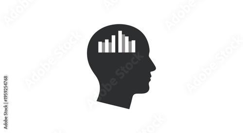 Black silhouette of a human head with a white bar graph inside the brain.