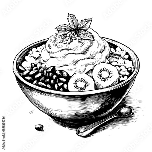Artistic Monochrome Sketch of a Wholesome Smoothie Bowl Featuring Fresh Fruit and Granola, a Perfect Healthy Eating Graphic for adobe stock