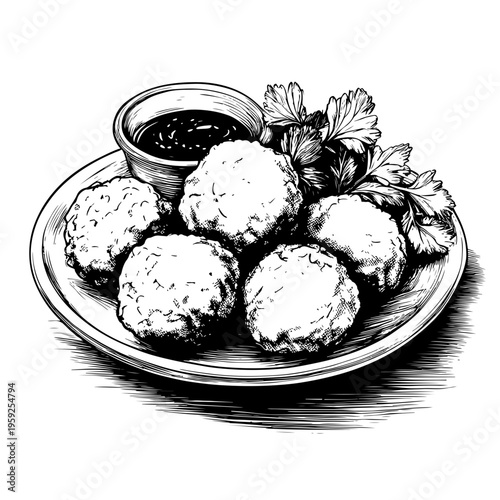 Hand Drawn Illustration of Delicious Chicken Nuggets with Dipping Sauce on a Plate, Adobe Stock