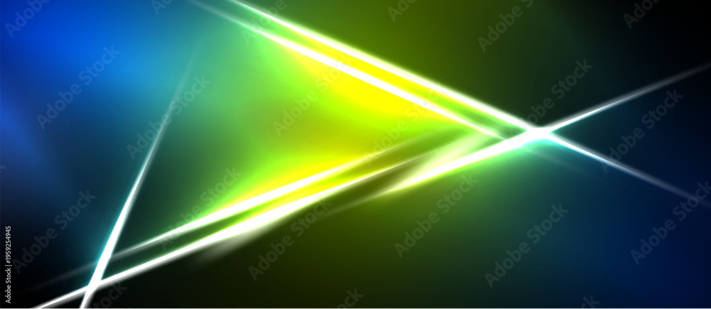 Naklejka premium Abstract background features vibrant blue, green, yellow light streaks. Diagonal lines intersect creating dynamic visual effect. Dark space surrounds bright colors.