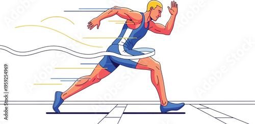 Blond male runner crosses the finish line tape with intense focus and speed lines indicating rapid movement.