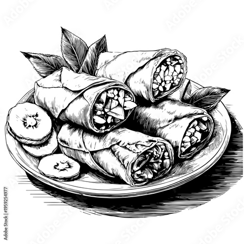 Hand-drawn illustration of delicious spring rolls on a plate with kiwi slices, perfect for food blogs and culinary art from adobe stock