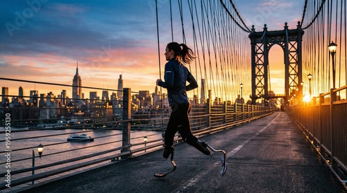 Athlete with prosthetic legs running across a bridge at sunrise with city skyline in the background