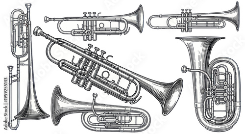 Vintage Brass Wind Instruments Collection: Trumpets, Tuba, Trombone, Euphonium