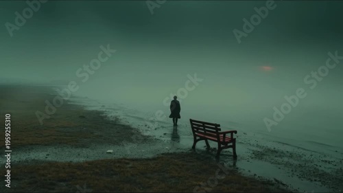 A lone individual strolls beside a wide, placid body of water shrouded in thick fog. The quiet, barren landscape and a vacant crimson seat evoke deep feelings of solitude.