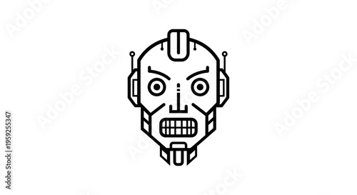 Angry robot head illustration in black.