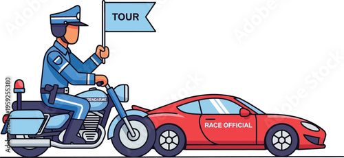 Police officer on a motorcycle leads a red race car while holding a tour guide flag.