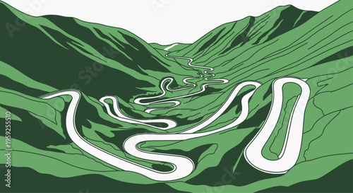 Winding mountain road snakes through steep green valleys under a bright sky in a stylized landscape graphic.