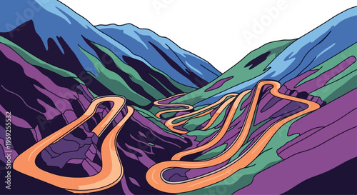 Winding mountain road traverses a dramatic canyon with purple and orange rock formations under a bright sky.