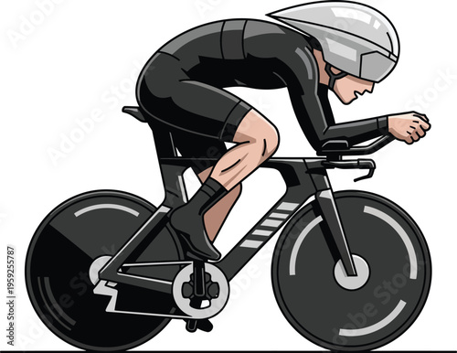 Competitive cyclist wearing a black skinsuit and aerodynamic helmet rides a time trial bicycle aggressively forward.