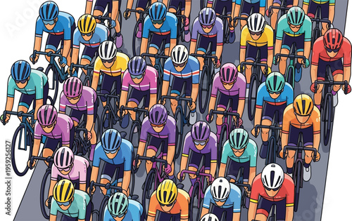 Peloton of professional cyclists wearing colorful jerseys rides closely together viewed from directly above on the road.