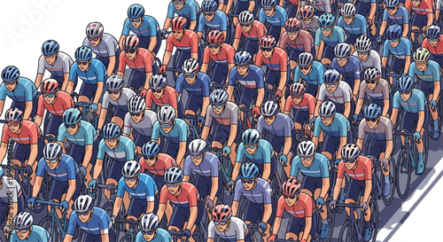 A large peloton of professional cyclists wearing colorful uniforms competes closely together during a road race event.