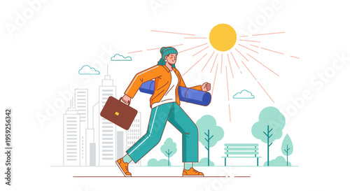 Illustration of a person walking in a city with a yoga mat and briefcase under a sunny sky with buildings and trees.