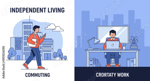 Illustration of two cartoon men, one commuting with a backpack and smartphone and the other working remotely on a laptop at a desk with a cityscape background, conveying a modern lifestyle.