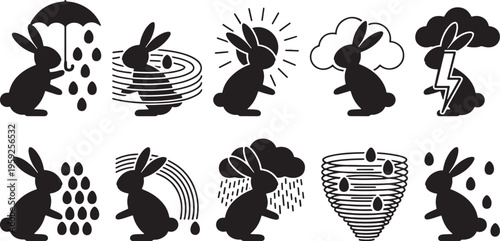 Easter day bunnies in various weather conditions celebrating spring