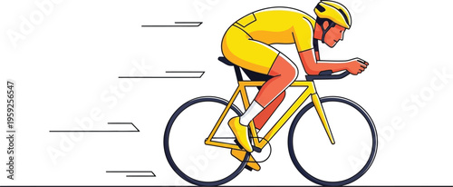 Athlete in yellow cycling uniform maintains an aerodynamic tuck position while riding a road bicycle at high speed.