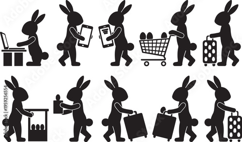 Easter day shopping spree with easter bunny silhouettes on white background