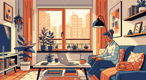 A man sits on a couch in a modern living room with a laptop on a coffee table, looking out the window at a cityscape with a calm and relaxed mood.