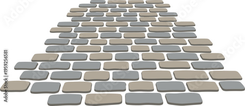 Pavers arranged in a receding perspective showing a pathway made of alternating gray and beige rectangular stones.