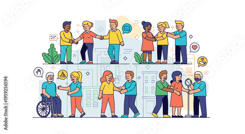 Illustration of diverse people from various age groups and abilities shaking hands in a line with a clean white background and colorful characters conveying a sense of community and