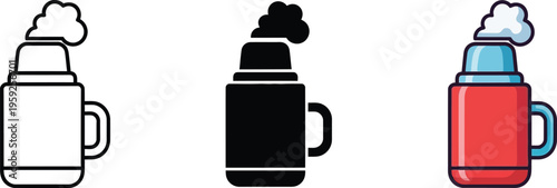 Collection of three distinct vector graphic illustrations representing a steaming insulated thermos flask with a handle suitable for hot beverages on white background