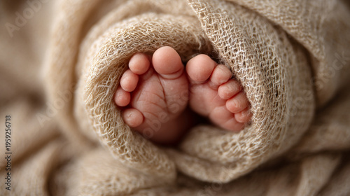 A close-up view of a baby's tiny feet wrapped in a soft blanket