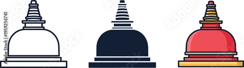 A set of three distinct vector graphic illustrations depicting traditional buddhist stupa and pagoda architecture, featuring outline, solid fill, and vibrant colorful design 