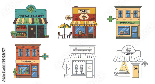 Collection of Small Business Storefronts: Bakery, Cafe, Pharmacy, Market, Fashion Boutique