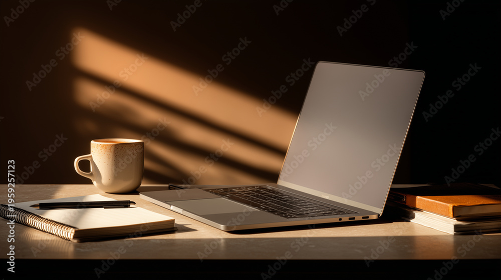 Fototapeta premium Freelancer workspace with laptop, coffee and notebook, photorealistic, warm tones, realistic lighting, minimal composition, clean desk, copy space, digital nomad lifestyle, no surr
