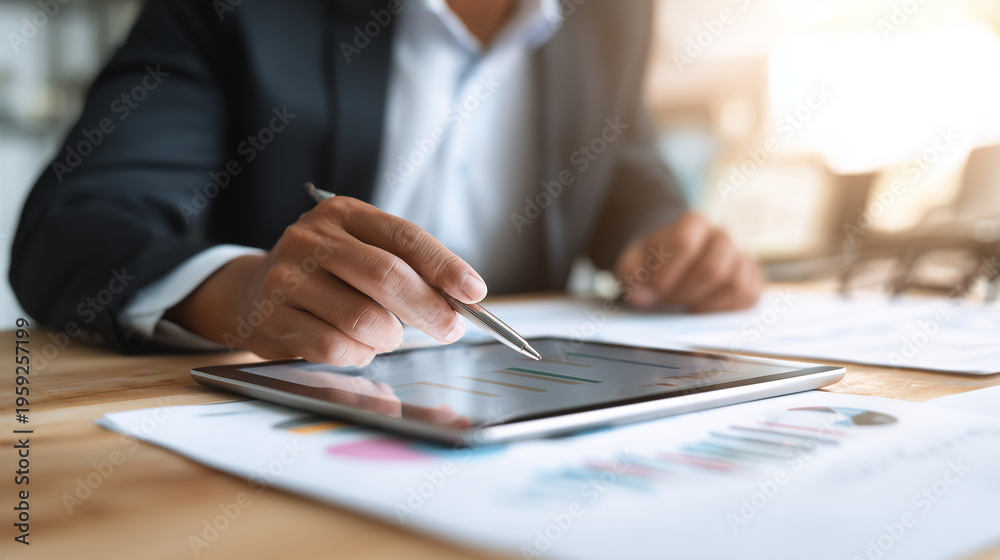 Fototapeta premium Professional reviewing financial report on tablet, photorealistic, minimal office background, soft natural lighting, realistic details, clean composition, copy space, decision maki