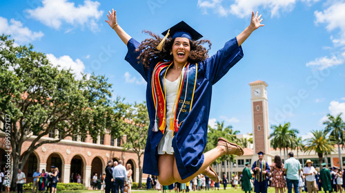 Excited Young University Graduate Jumping for Joy in Celebration of Her 2024 Graduation Ceremony Achievement
