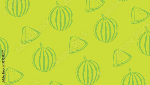 Watermelon background pattern. Handdrawn fruit repeat background. Slice outline minimal style. Summer food texture design. Fresh wrapping surface.