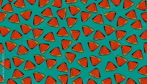 Watermelon pattern. Watermelon seamless pattern. Handdrawn fruit repeat background. Slice outline minimal style. Summer food texture design. Fresh wrapping surface.