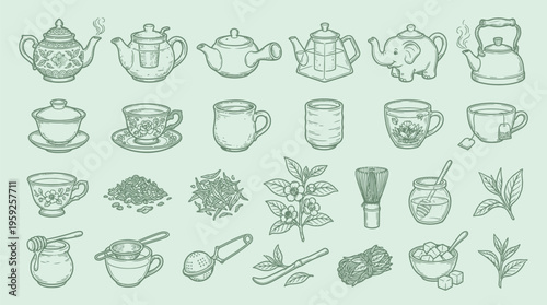A charming collection of hand-drawn illustrations depicting various tea-related items, including teapots, cups, tea leaves, and accessories, presented in a cohesive green color palette.