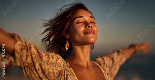 Radiant young woman with eyes closed arms outstretched feeling blissful at golden hour