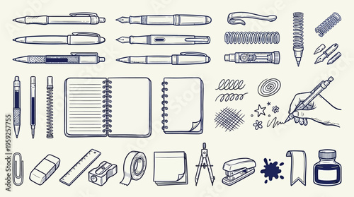 A comprehensive collection of stationery and writing instruments, including pens, notebooks, and art supplies, presented in a vintage hand-drawn style.