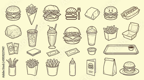 A detailed collection of hand-drawn illustrations of various fast food items, including burgers, fries, drinks, and condiments, presented in a vintage sketch style.