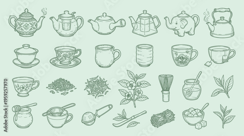 A charming collection of hand-drawn illustrations featuring various teapots, cups, tea leaves, and accessories, presented in a soothing green hue.