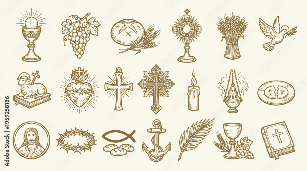 Fototapeta premium A collection of religious symbols and icons, including a chalice, grapes, bread, crosses, a dove, a lamb, and a Bible, presented in a vintage sketch style.