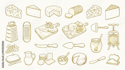 A charming hand-drawn illustration featuring a delightful assortment of cheeses, cheese-making tools, and accompaniments, presented in a warm, golden hue against a neutral background.