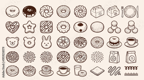 A charming collection of hand-drawn donuts and related sweet treats, presented in a grid layout.