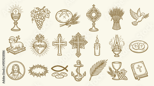A collection of religious symbols and icons, including a chalice, grapes, bread, crosses, a dove, a lamb, and a Bible, presented in a vintage sketch style.